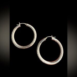 Sterling Silver 925 Hoop Earrings Etched Design Medium Size 1.5”